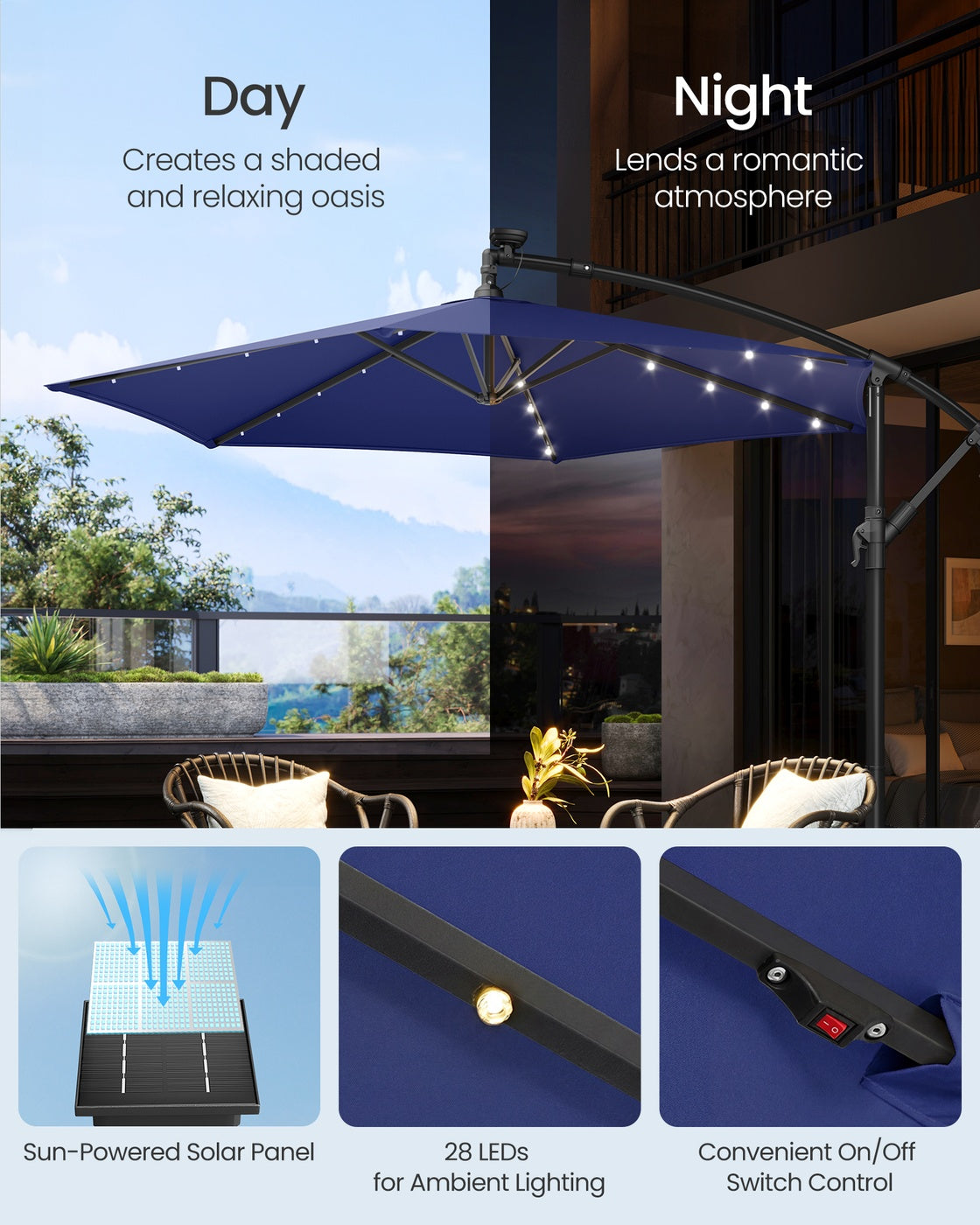 Cantilever 3 m Garden Parasol Umbrella with LED, Navy Blue - image 3
