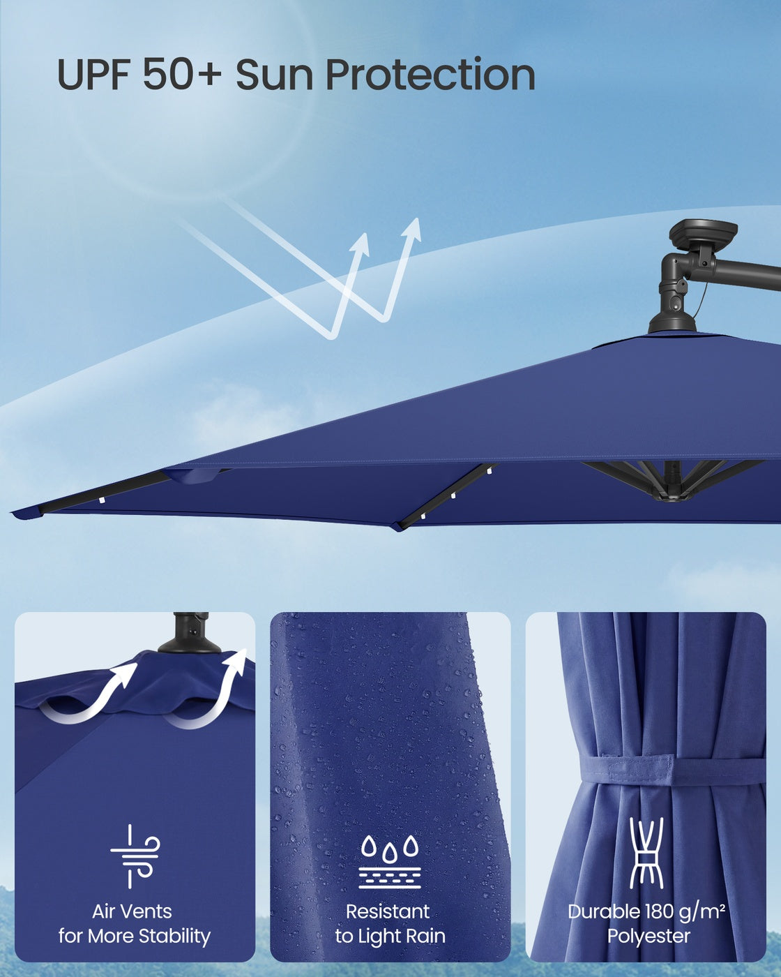 Cantilever 3 m Garden Parasol Umbrella with LED, Navy Blue - image 4