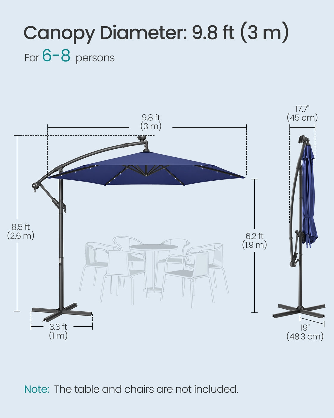 Cantilever 3 m Garden Parasol Umbrella with LED, Navy Blue - image 6