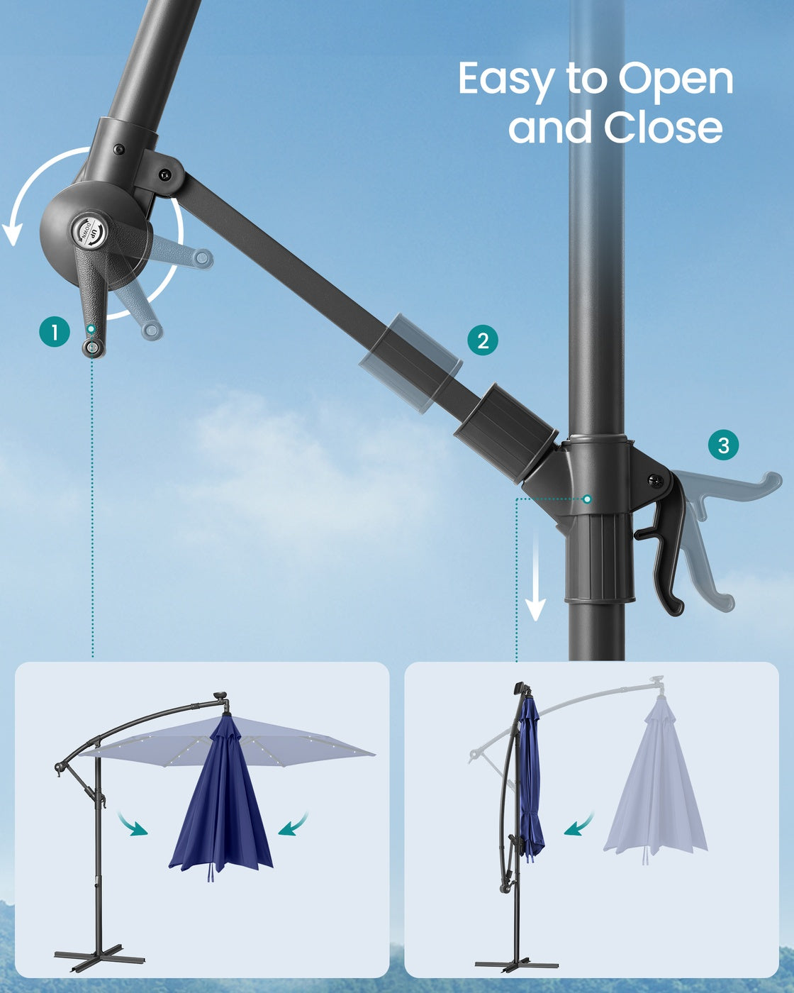 Cantilever 3 m Garden Parasol Umbrella with LED, Navy Blue - image 7