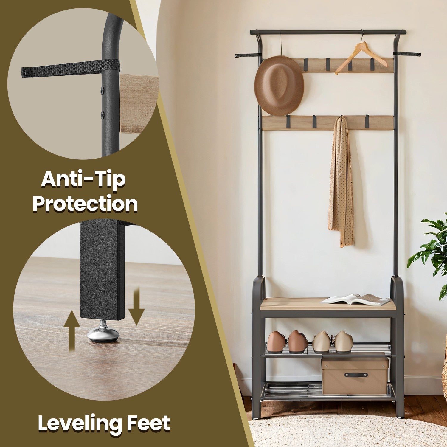 Coat Rack, Hall Tree with Shoe Bench, Entryway Bench with Coat Rack - image 21