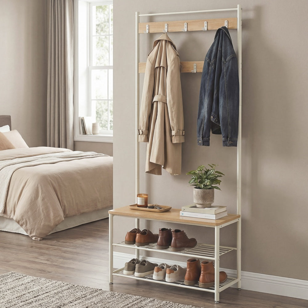Hallway Coat and Shoe Rack with Bench, Greige - image 11