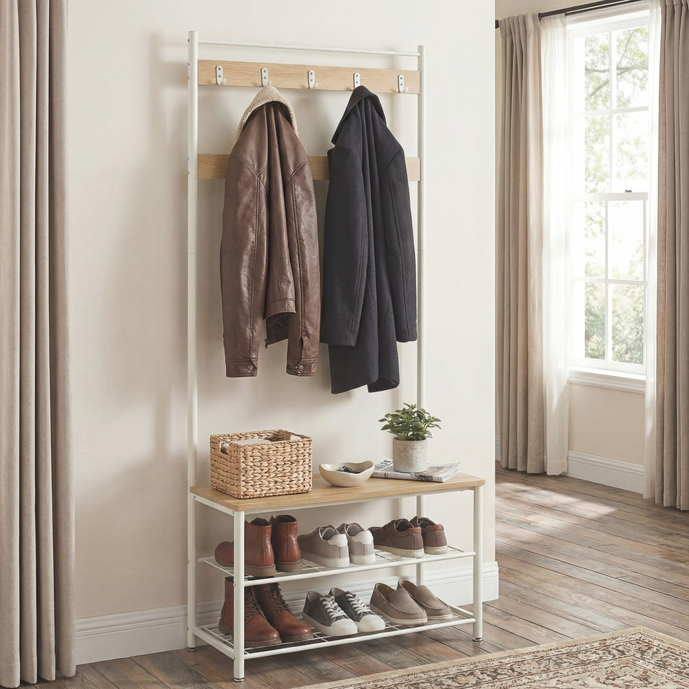 Hallway Coat and Shoe Rack with Bench, Greige - image 12
