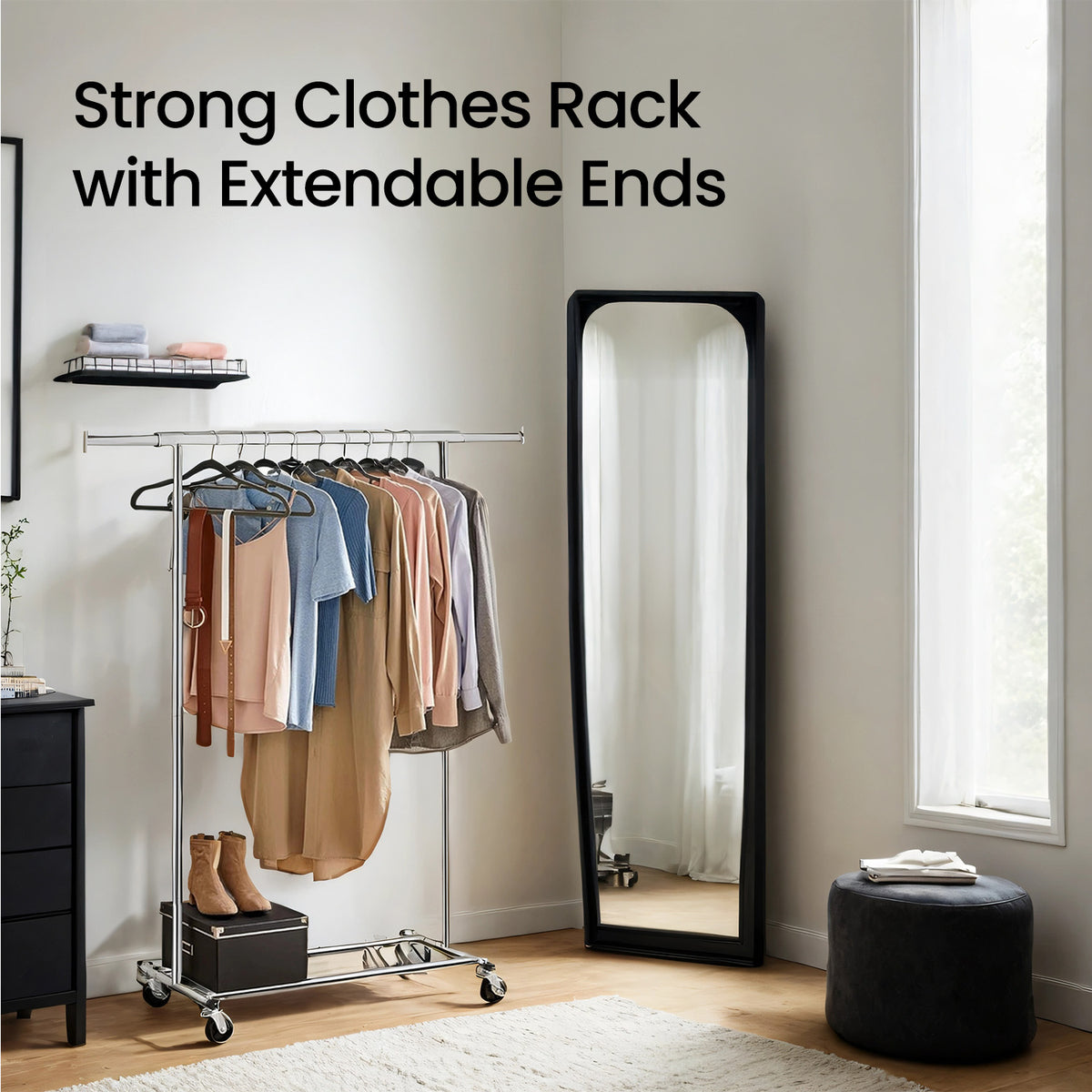 Garment Rail with Wheels, Adjustable Clothes Rack for Bedroom, Heavy Duty, Easy Assembly, Silver - image 2