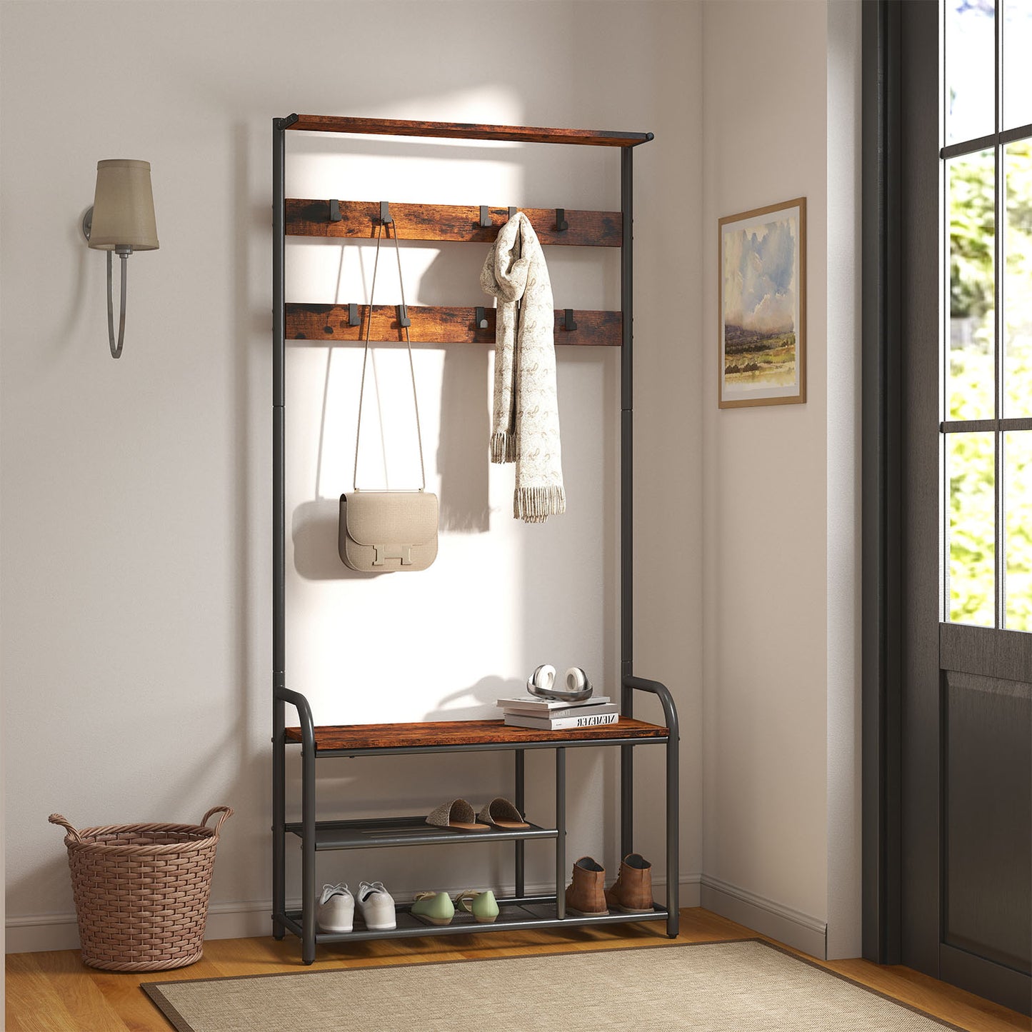Coat Rack Stand, Hall Tree with Bench and Shoe Storage, 9 Removable Hooks - image 1