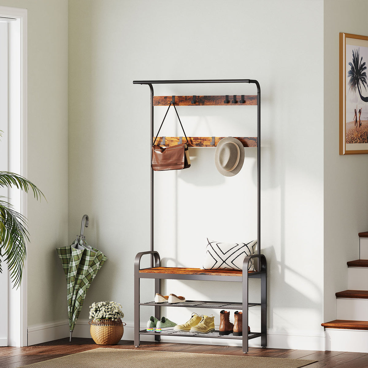Coat Rack Stand, Hall Tree with Bench and Shoe Storage, 9 Removable Hooks - image 2