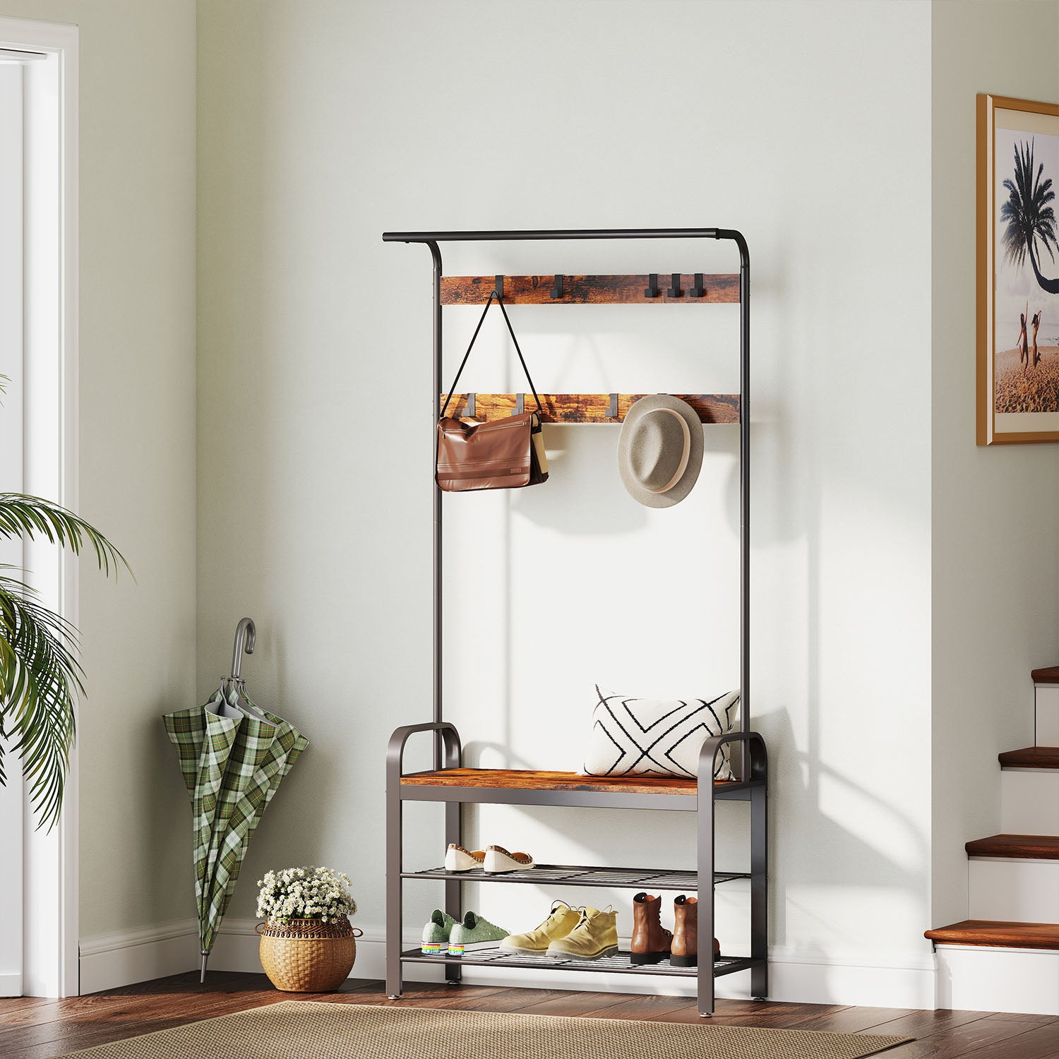 Coat Rack Stand, Hall Tree with Bench and Shoe Storage, 9 Removable Hooks - image 2