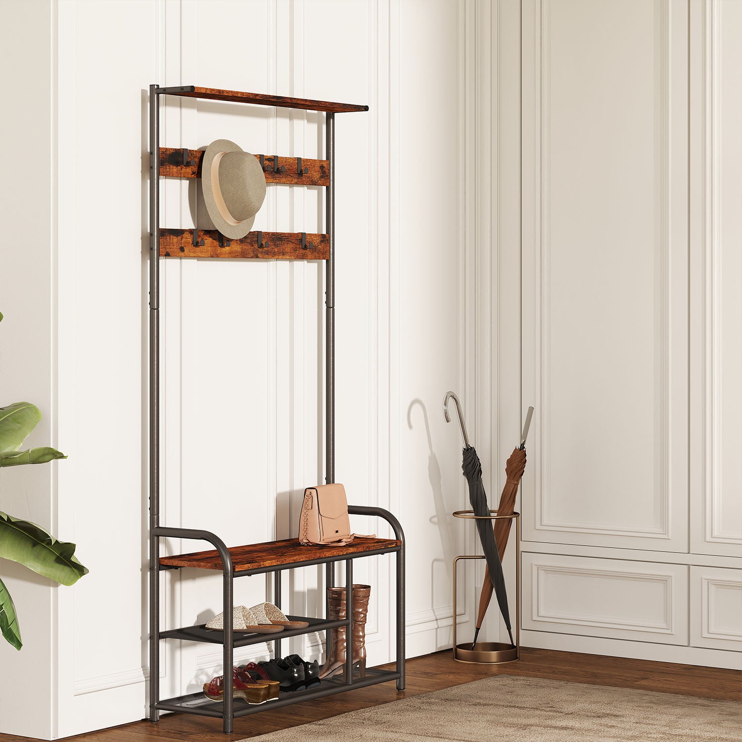 Coat Rack Stand, Hall Tree with Bench and Shoe Storage, 9 Removable Hooks - image 3