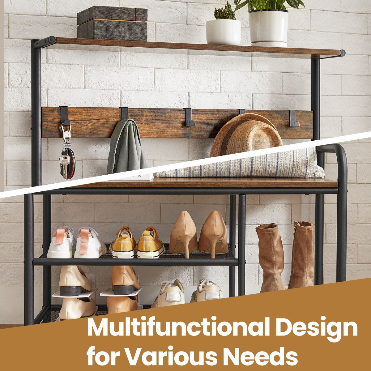 Coat Rack Stand, Hall Tree with Bench and Shoe Storage, 9 Removable Hooks - image 4