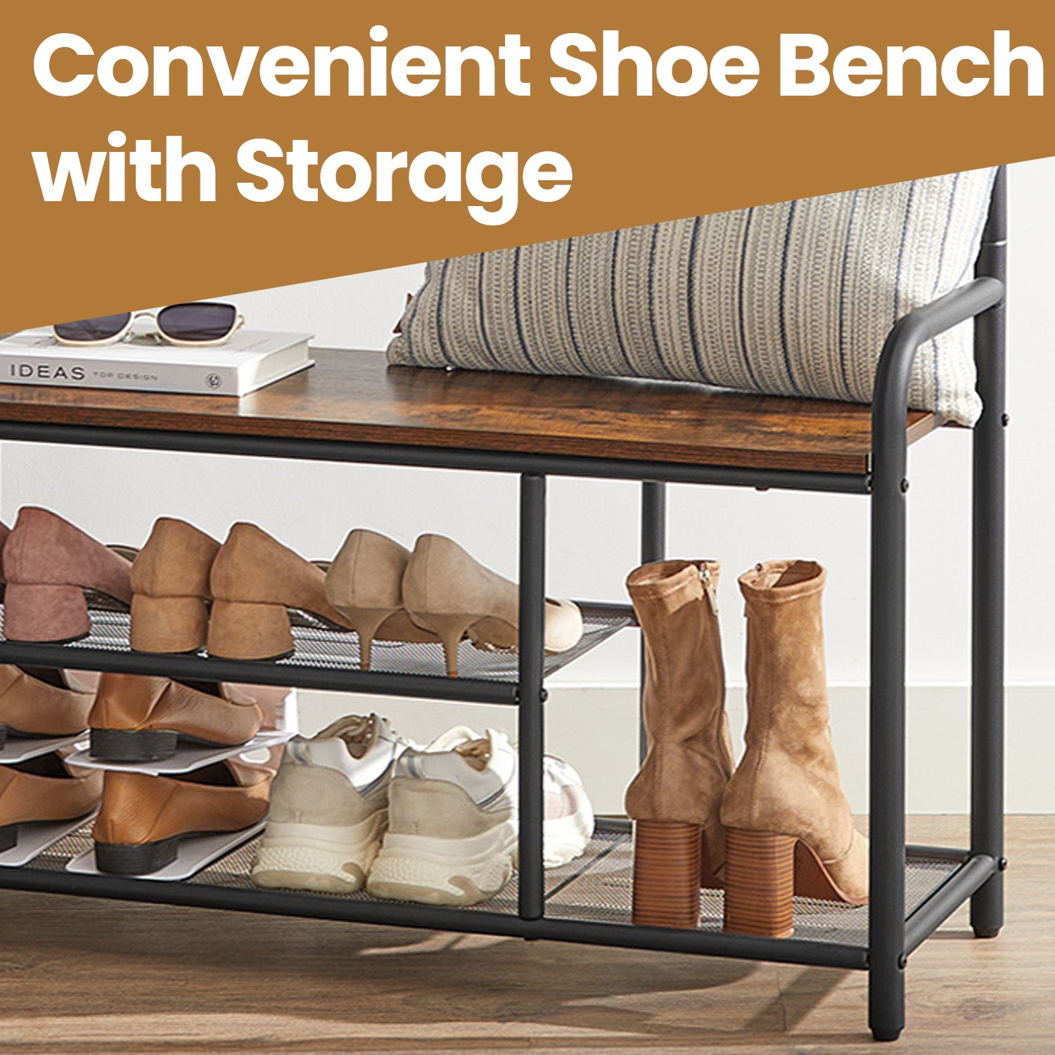 Coat Rack Stand, Hall Tree with Bench and Shoe Storage, 9 Removable Hooks - image 5
