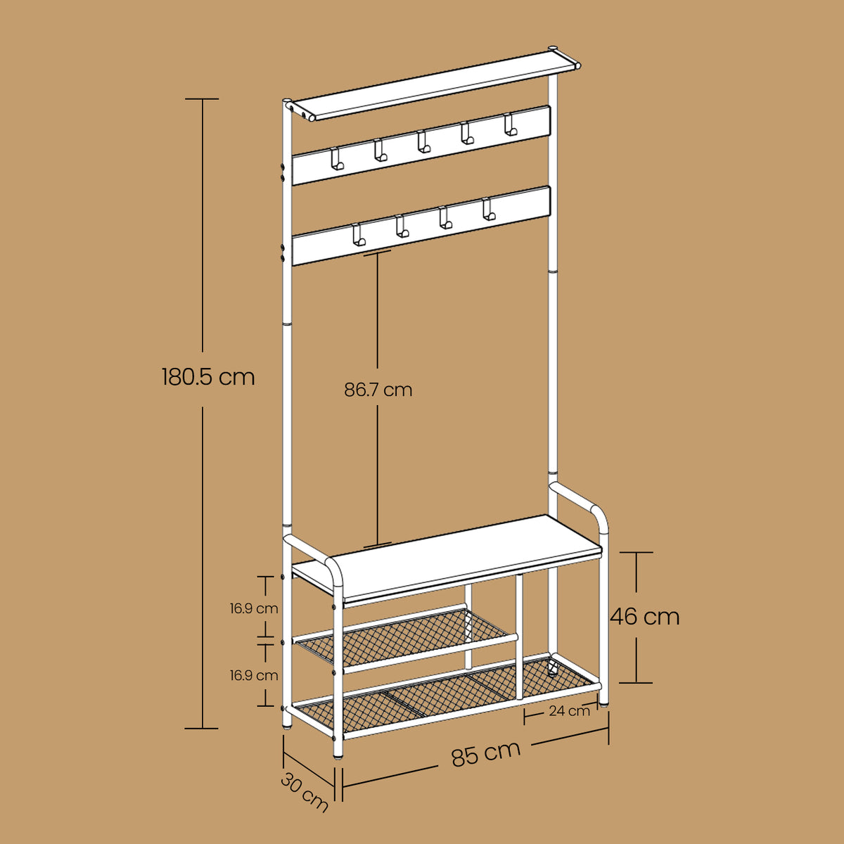 Coat Rack Stand, Hall Tree with Bench and Shoe Storage, 9 Removable Hooks - image 6