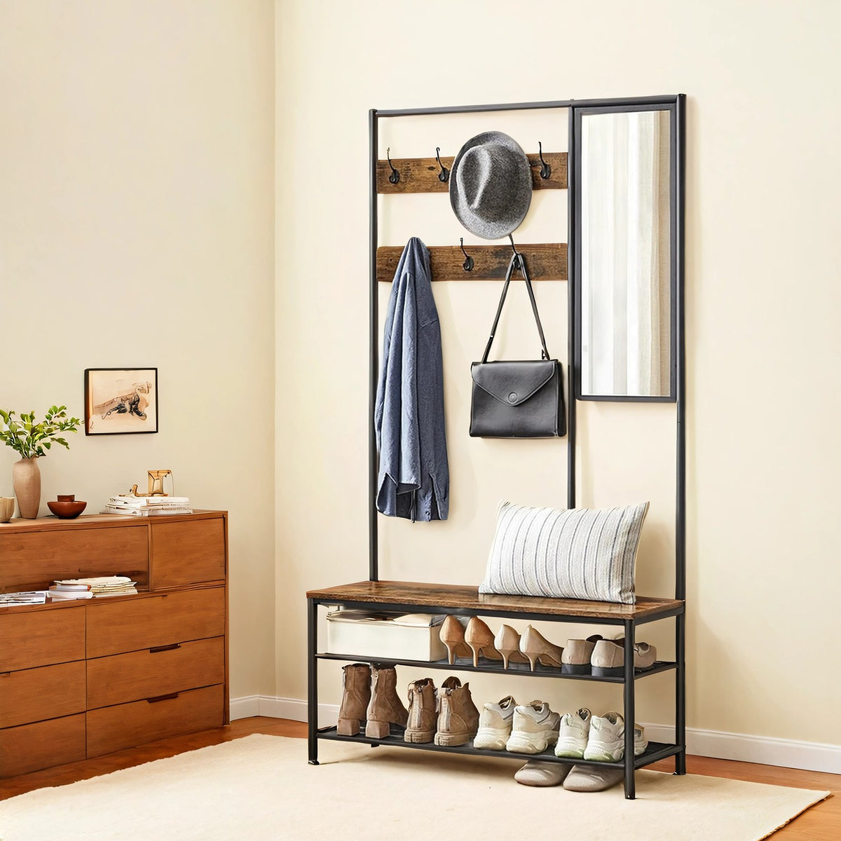 Coat Rack with Shoe Storage, Coat Stand for Hallway with Mirror, Hooks - image 1