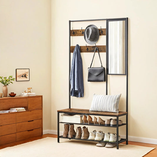 Coat Rack with Shoe Storage, Coat Stand for Hallway with Mirror, Hooks - image 1