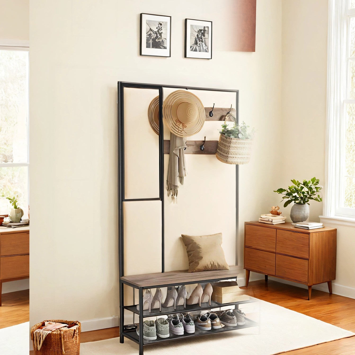 Coat Rack with Shoe Storage, Coat Stand for Hallway with Mirror, Hooks - image 1