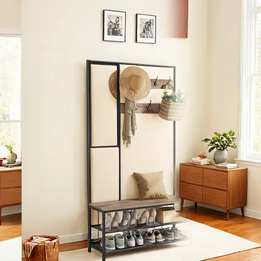 Coat Rack with Shoe Storage, Coat Stand for Hallway with Mirror, Hooks - image 1