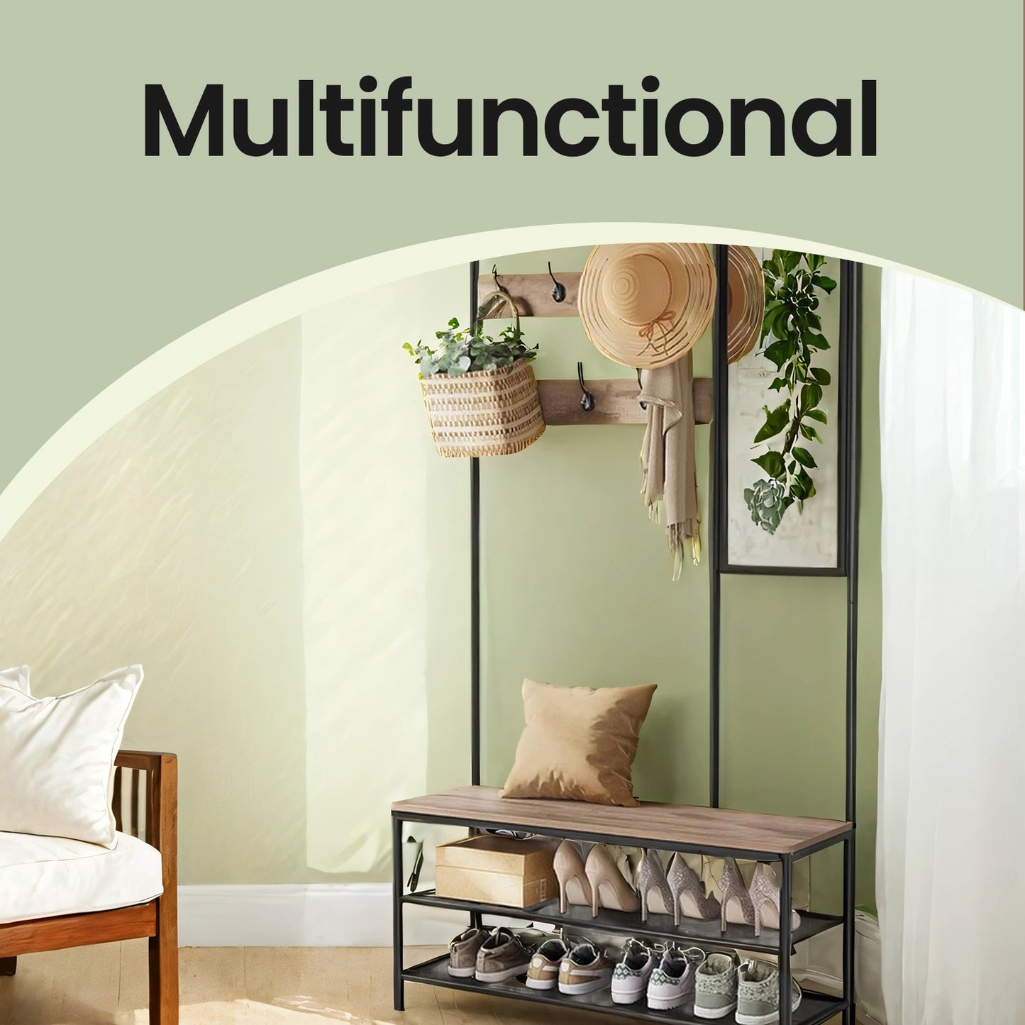 Coat Rack with Shoe Storage, Coat Stand for Hallway with Mirror, Hooks - image 4