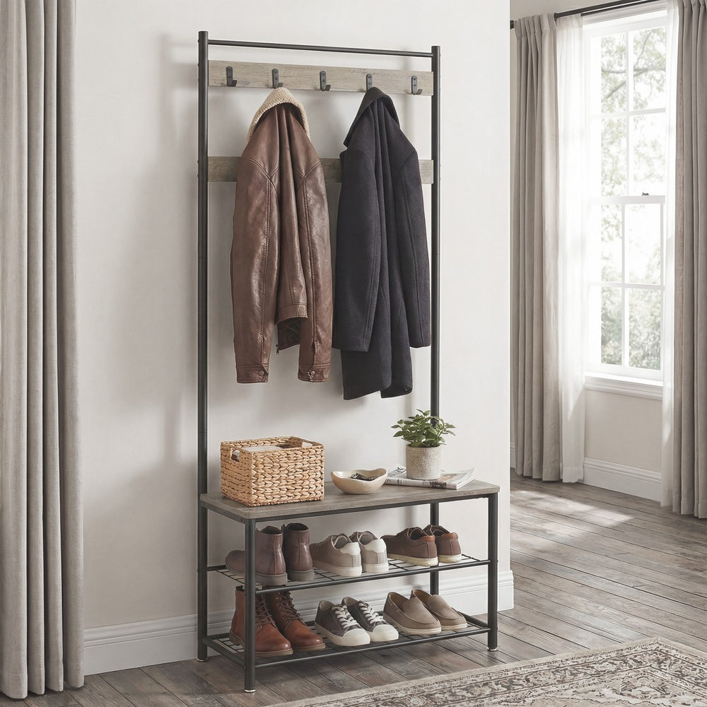 Hallway Coat and Shoe Rack with Bench, Greige - image 6