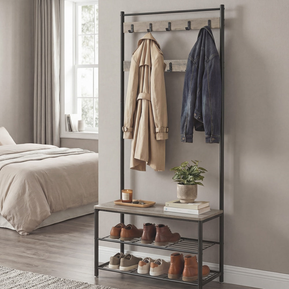 Hallway Coat and Shoe Rack with Bench, Greige - image 7