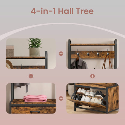 Industrial Entryway Hall Tree with Shoe Storage Bench, 7 Hooks and Shelf, Coat Rack for Bedroom - image 4