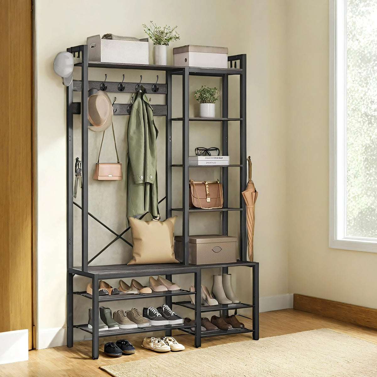 Hallway Coat and Shoe Rack with Bench, Shelves, 40 x 120 x 190 cm, Brown - image 9
