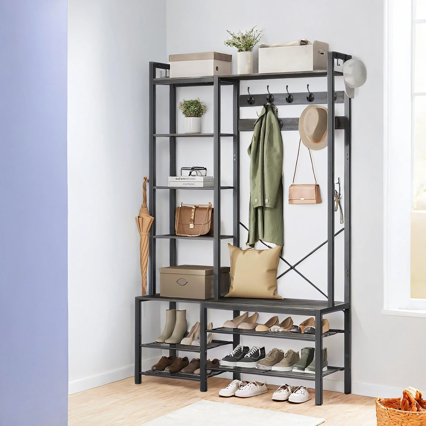 Hallway Coat and Shoe Rack with Bench, Shelves, 40 x 120 x 190 cm, Brown - image 10