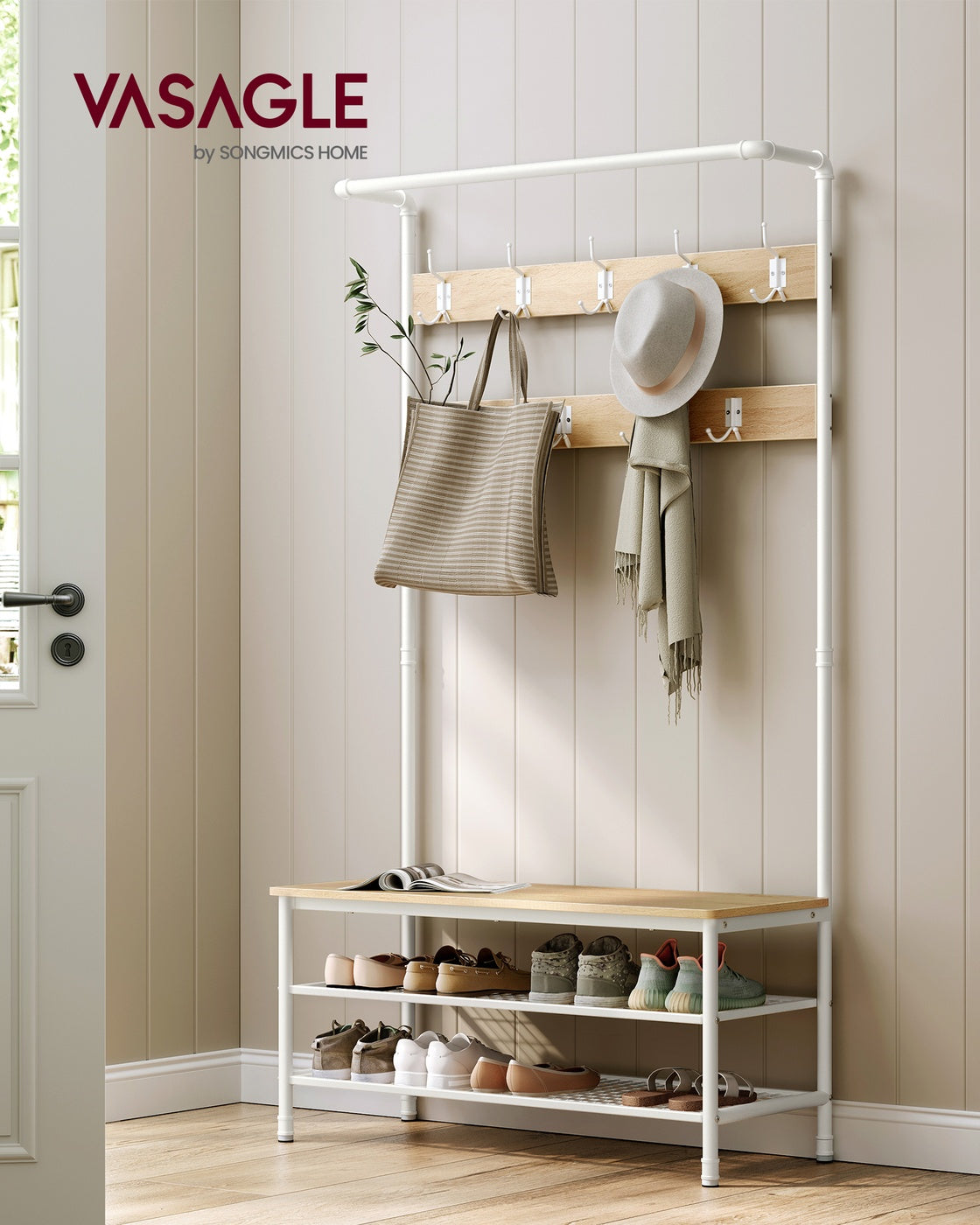 Coat rack stand with bench and shoe storage Oak and White - image 2