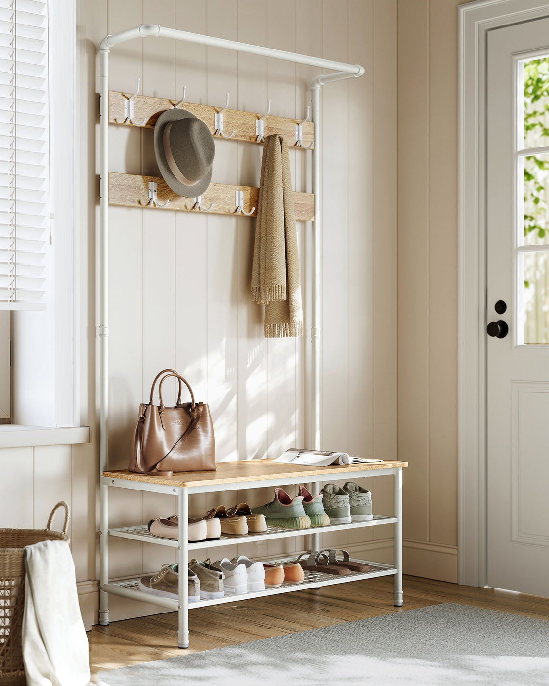 Coat rack stand with bench and shoe storage Oak and White - image 3