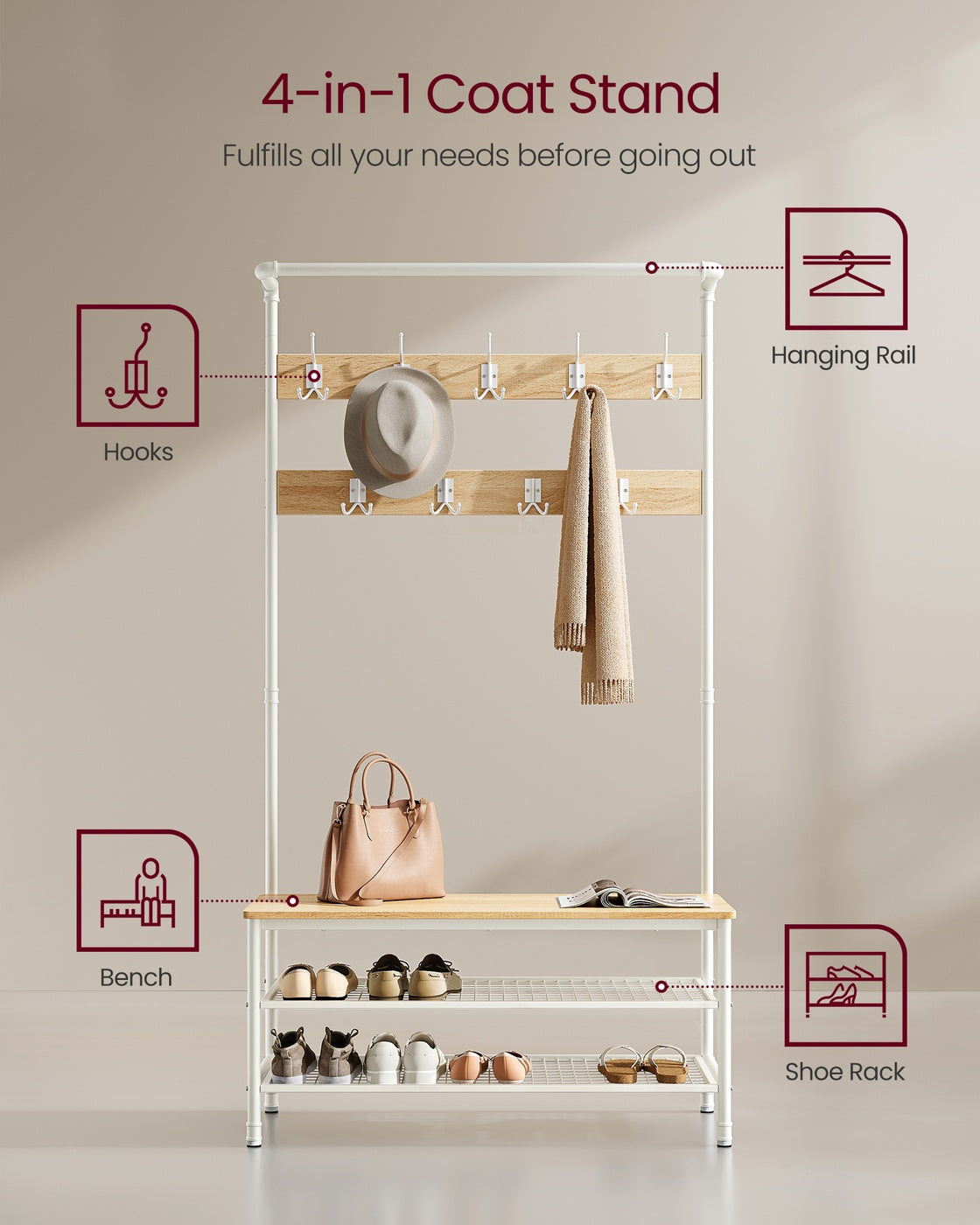 Coat rack stand with bench and shoe storage Oak and White - image 4