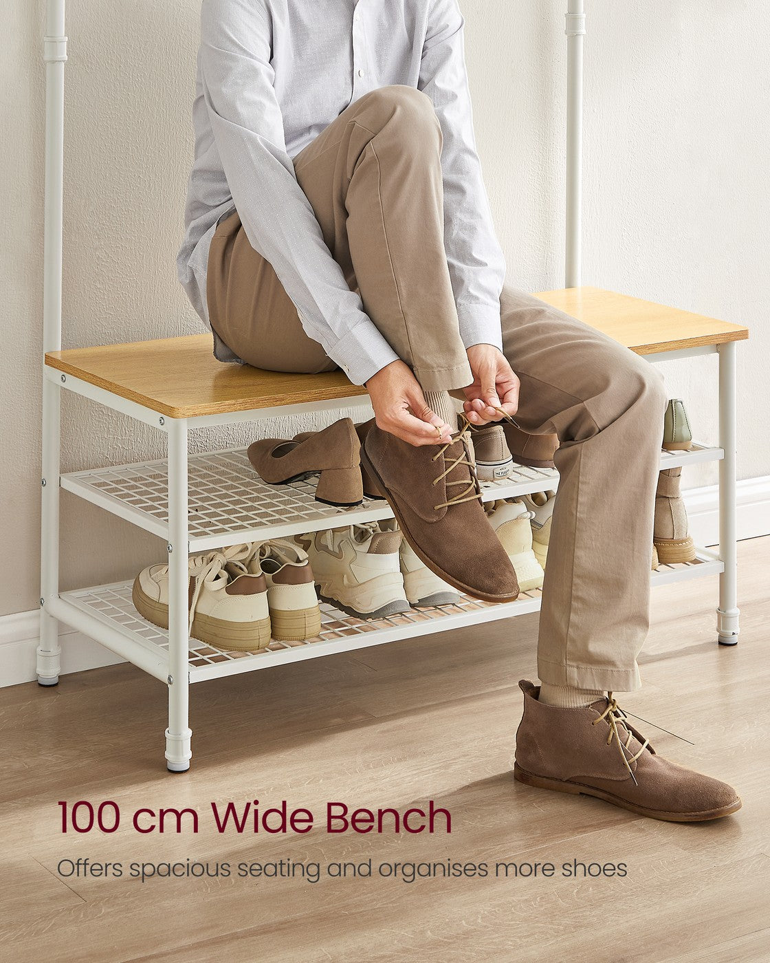 Coat rack stand with bench and shoe storage Oak and White - image 5