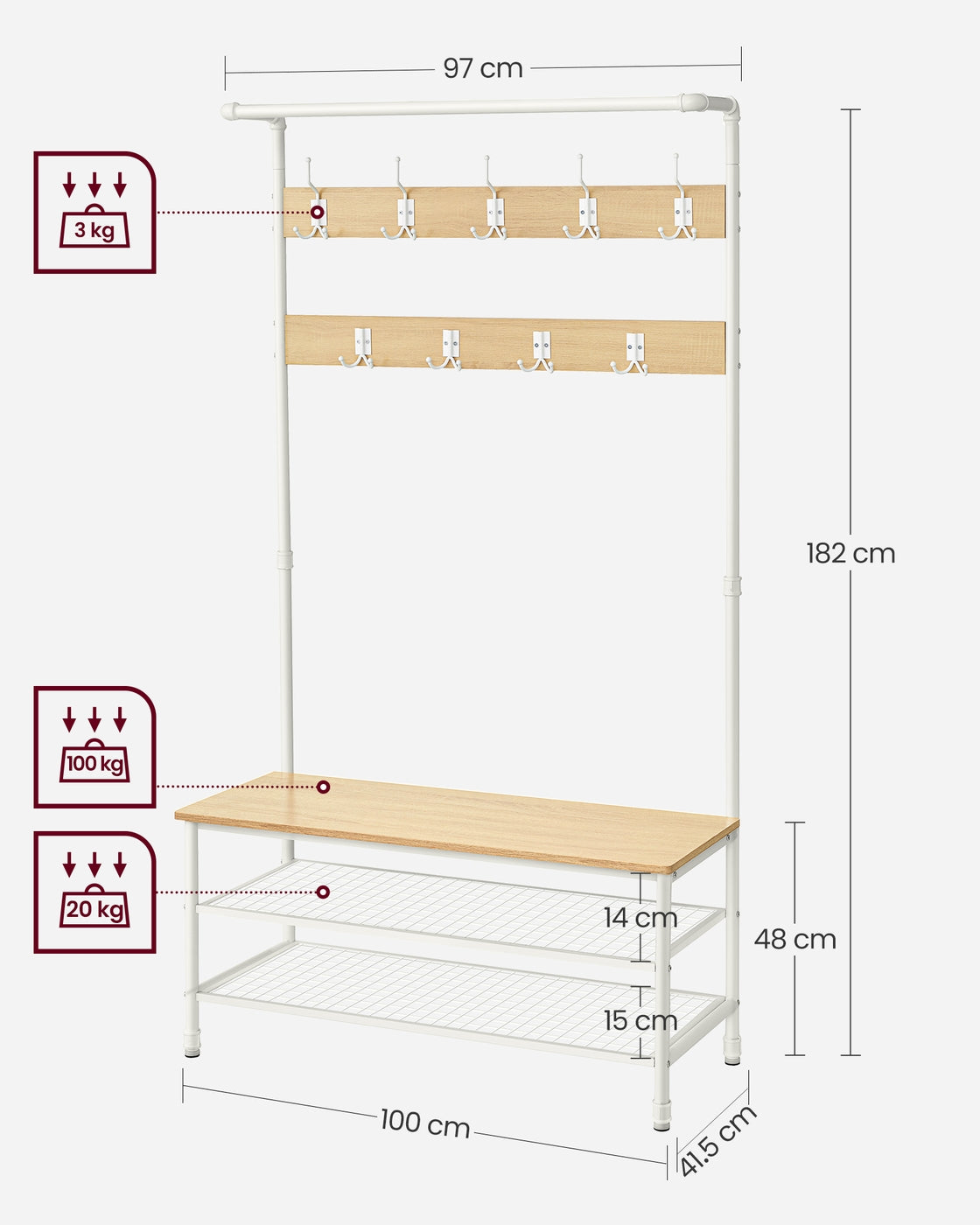 Coat rack stand with bench and shoe storage Oak and White - image 7