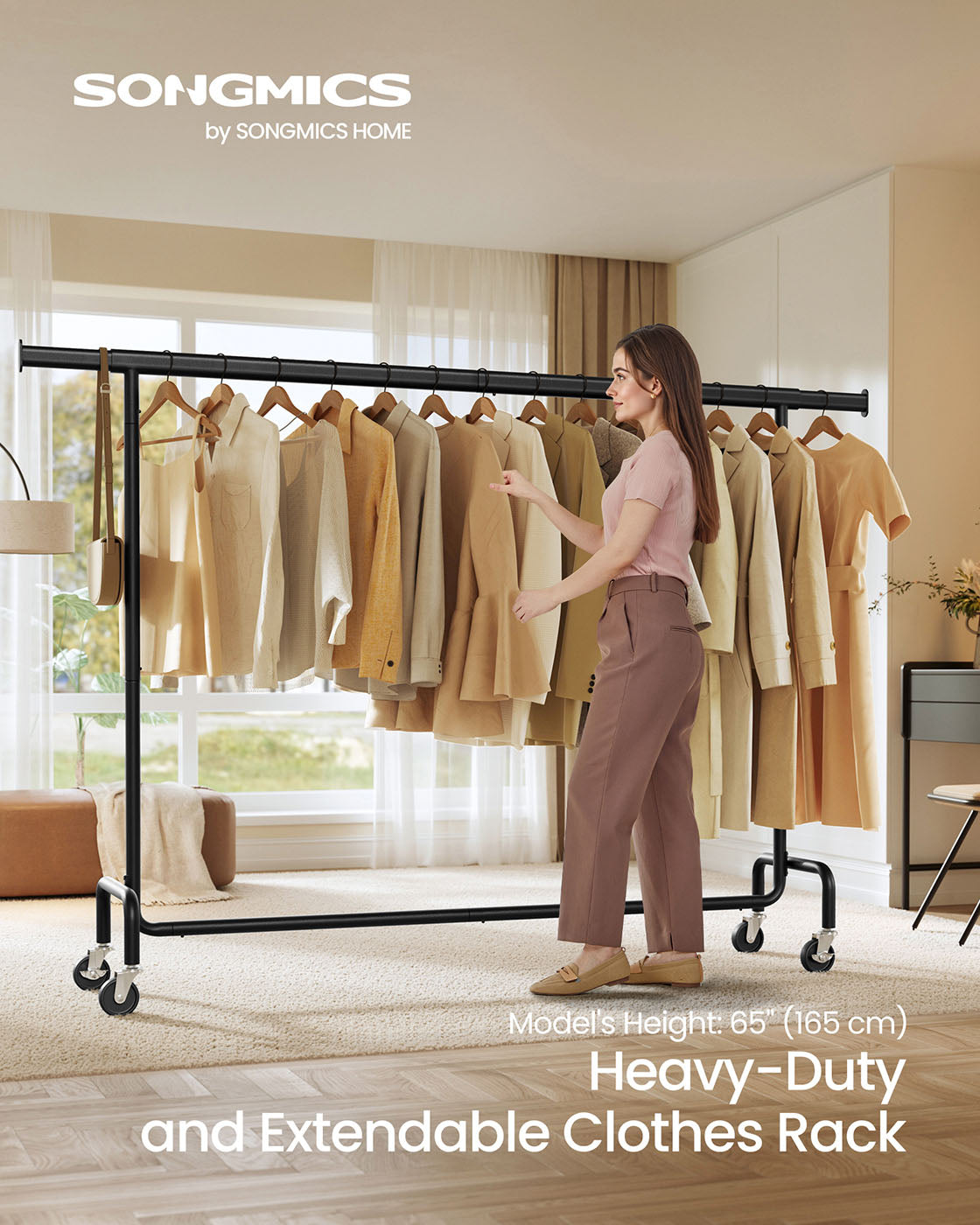 Clothes Rack on Wheels with Extendable Hanging Rail Matte Black - image 2