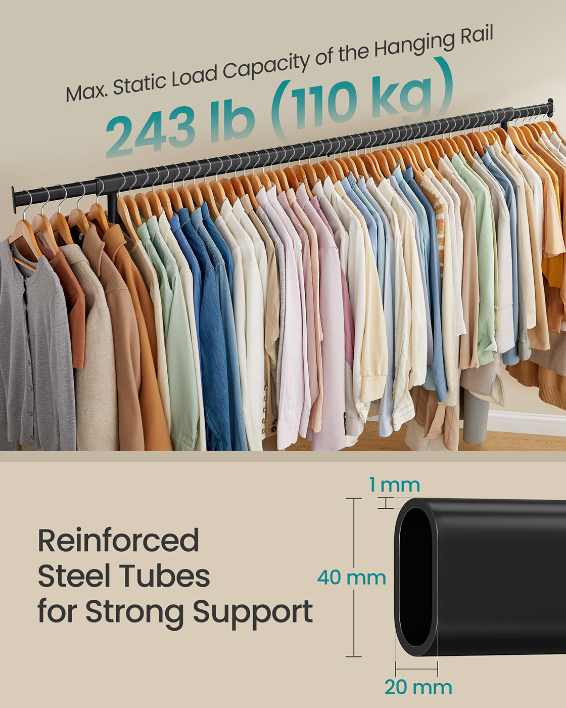 Clothes Rack on Wheels with Extendable Hanging Rail Matte Black - image 3