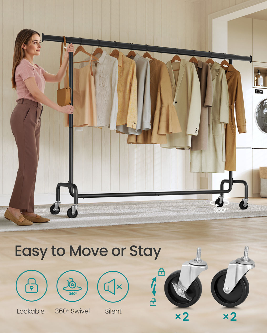 Clothes Rack on Wheels with Extendable Hanging Rail Matte Black - image 5