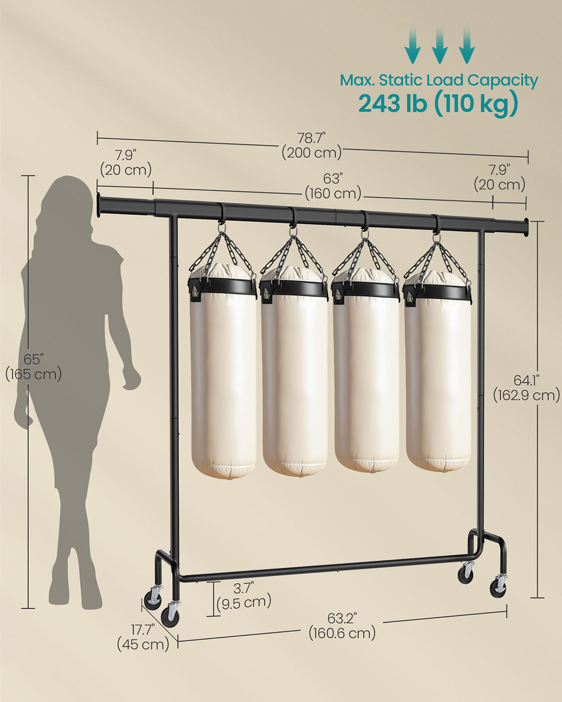 Clothes Rack on Wheels with Extendable Hanging Rail Matte Black - image 6