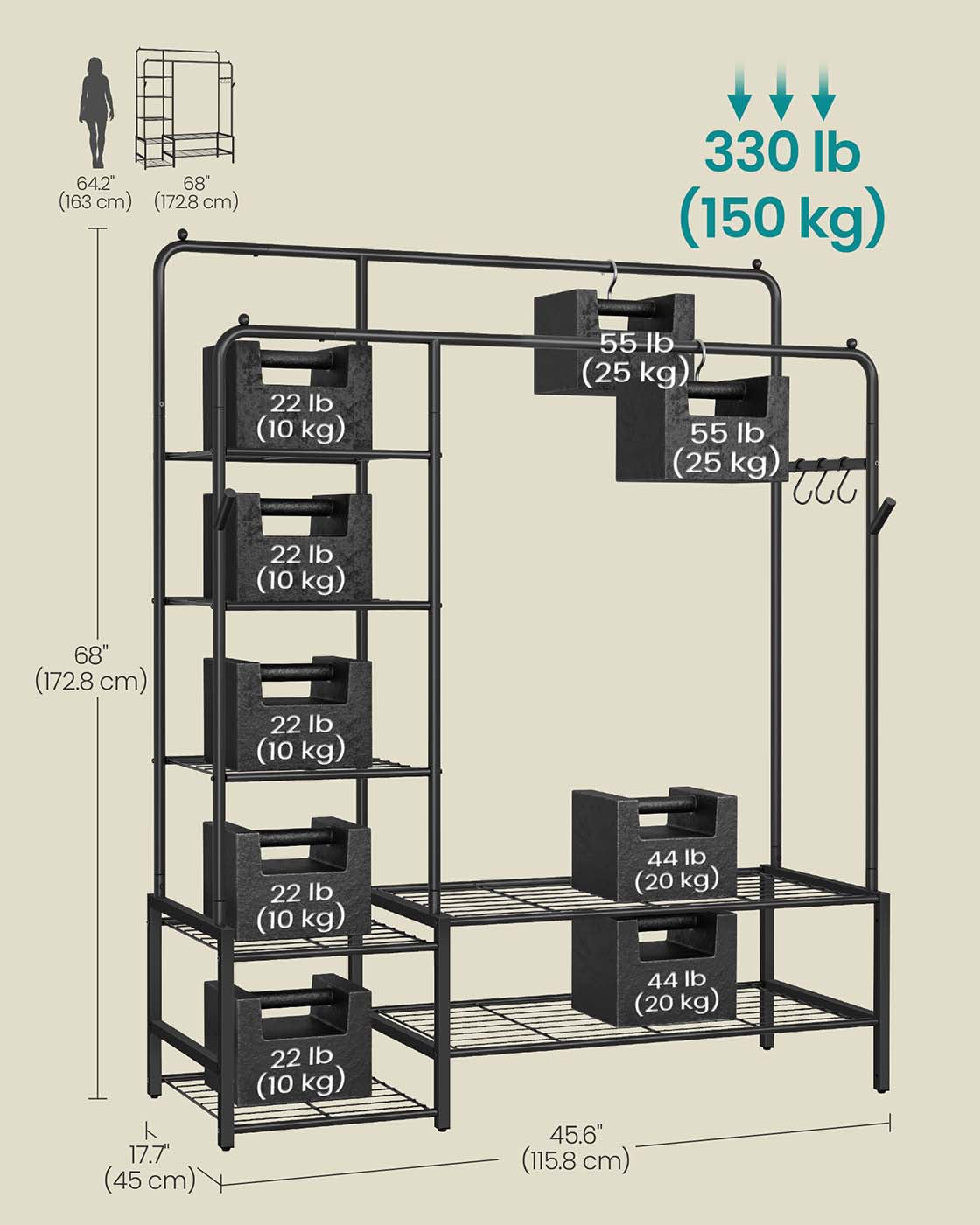 Open wardrobe clothes rack with shelves and hanging rods - image 2
