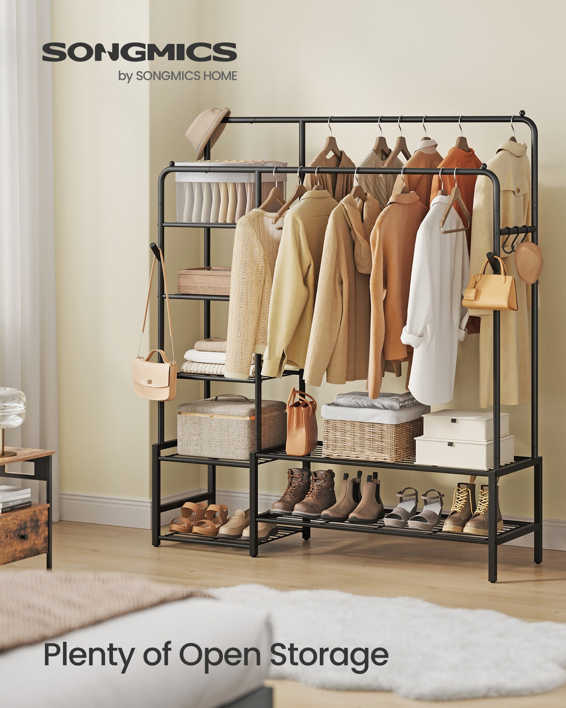 Open wardrobe clothes rack with shelves and hanging rods - image 4