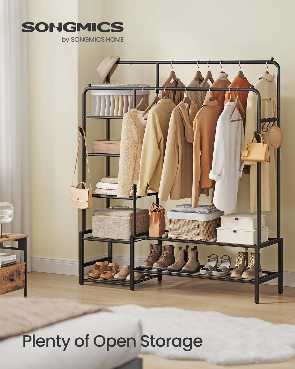 Open wardrobe clothes rack with shelves and hanging rods - image 5