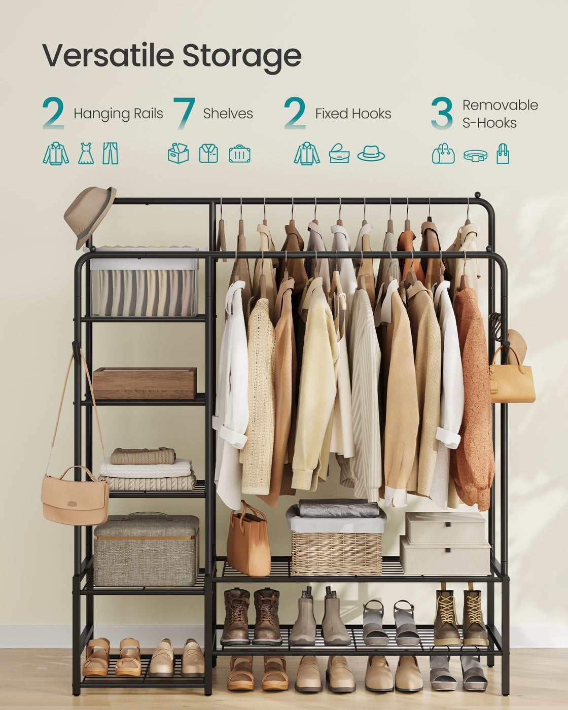 Open wardrobe clothes rack with shelves and hanging rods - image 6