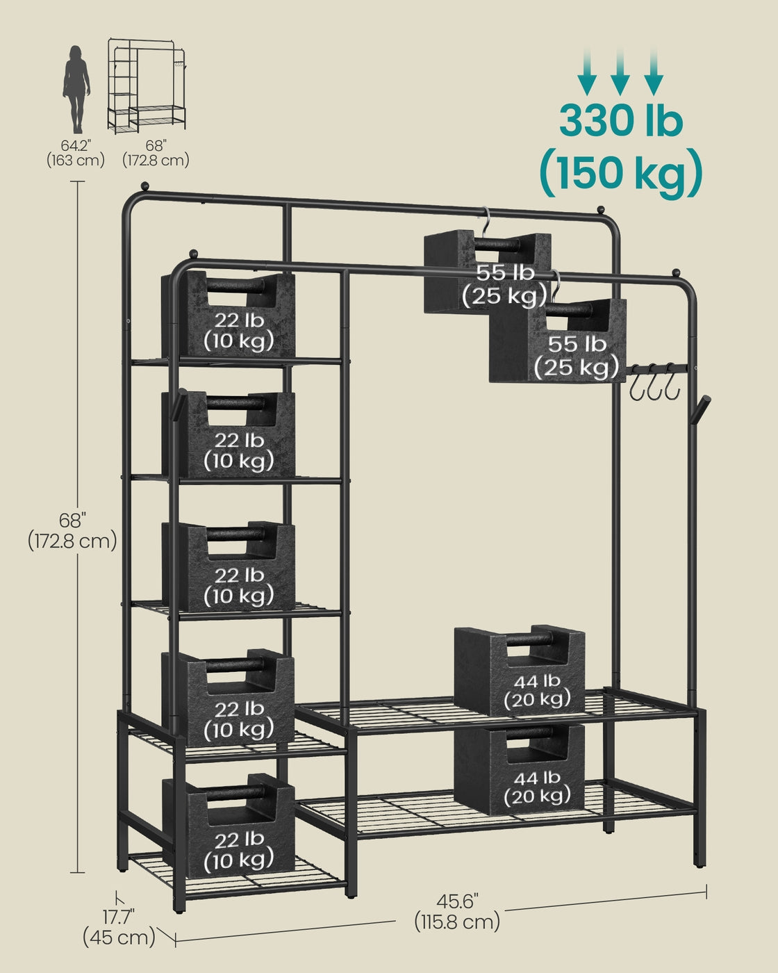 Open wardrobe clothes rack with shelves and hanging rods - image 10
