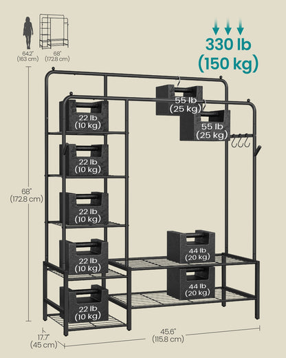 Open wardrobe clothes rack with shelves and hanging rods - image 10
