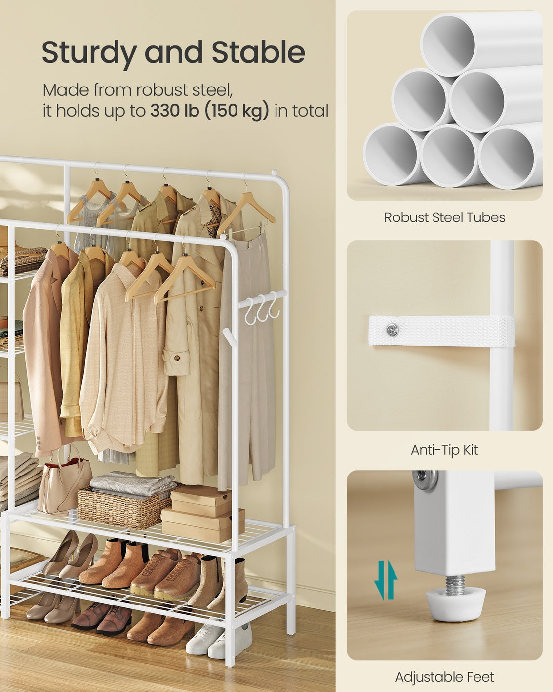 Clothes Rack Open Wardrobe with 7 Shelves Hanging Rods White - image 4