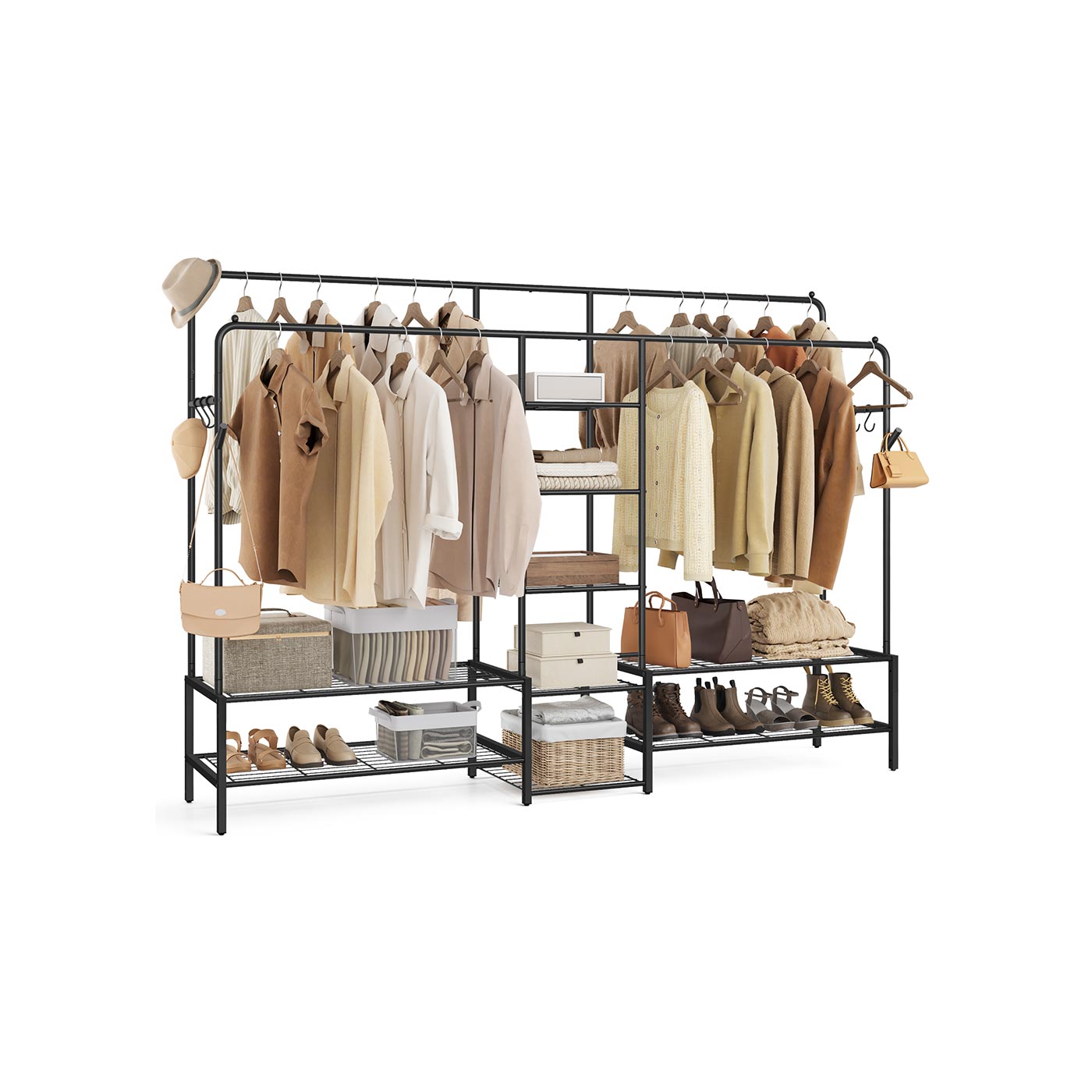 Open wardrobe clothes rack with shelves and hanging rods - image 3