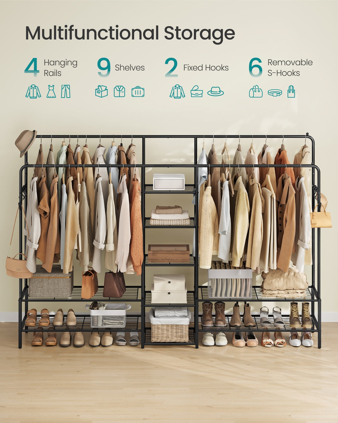Open wardrobe clothes rack with shelves and hanging rods - image 6