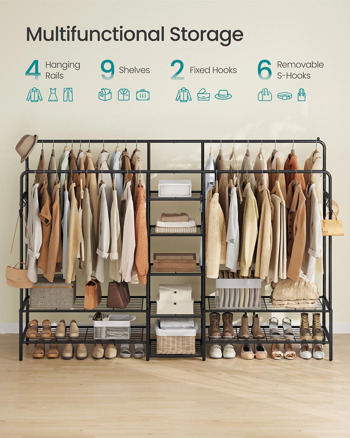 Open wardrobe clothes rack with shelves and hanging rods - image 7