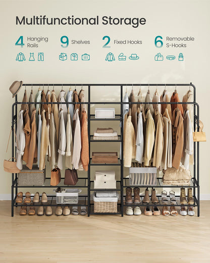 Open wardrobe clothes rack with shelves and hanging rods - image 7