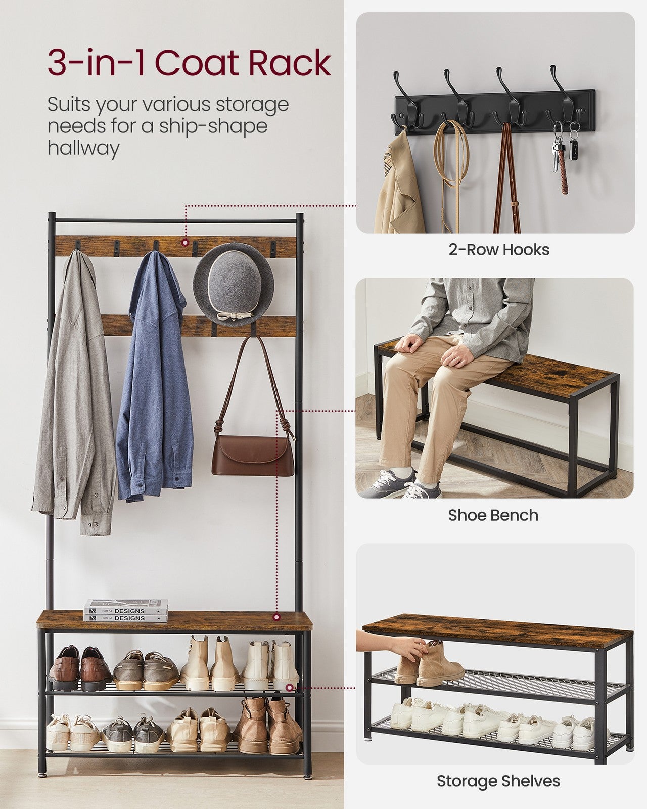 Coat Rack, Coat Stand with Shoe Storage Bench - image 2