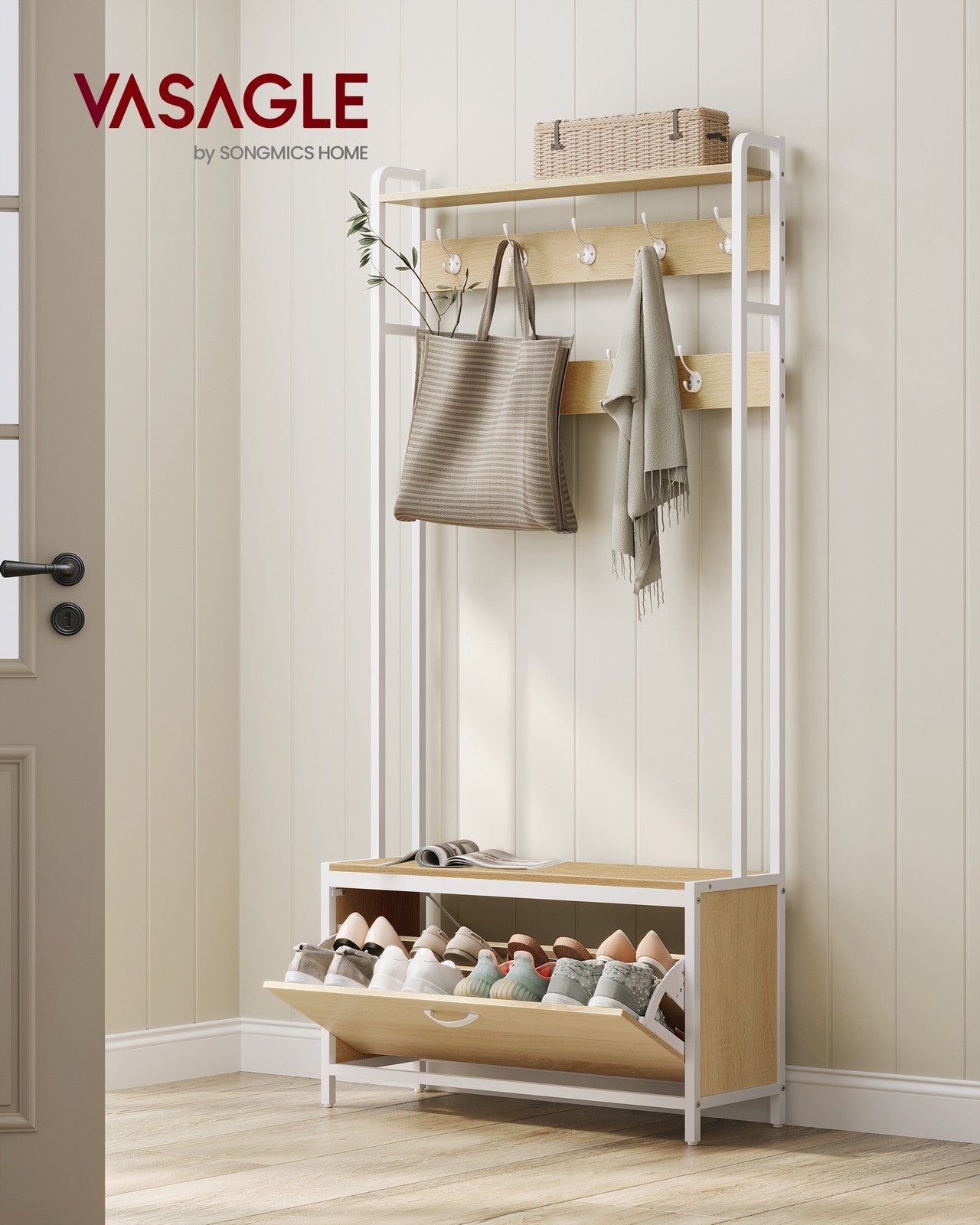 Coat Rack with Shoe Storage Golden Oak and Cloud White - image 5