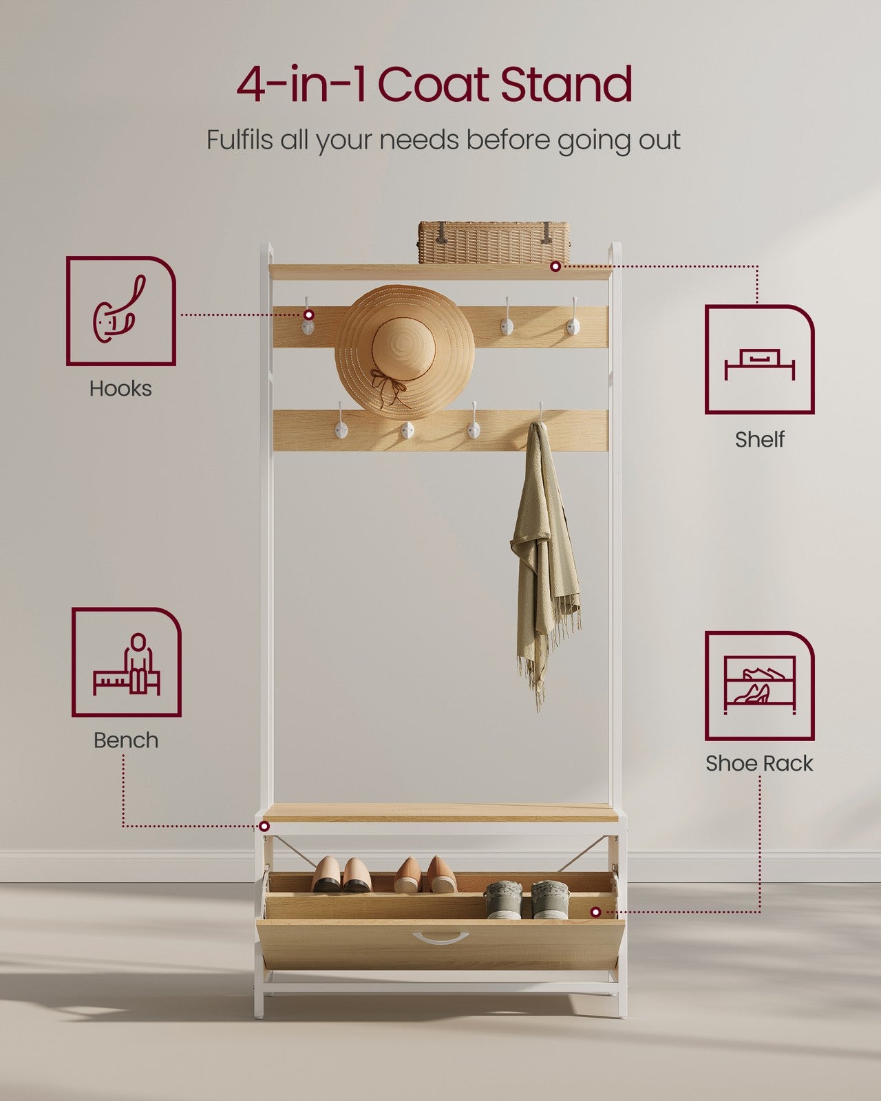 Coat Rack with Shoe Storage Golden Oak and Cloud White - image 7