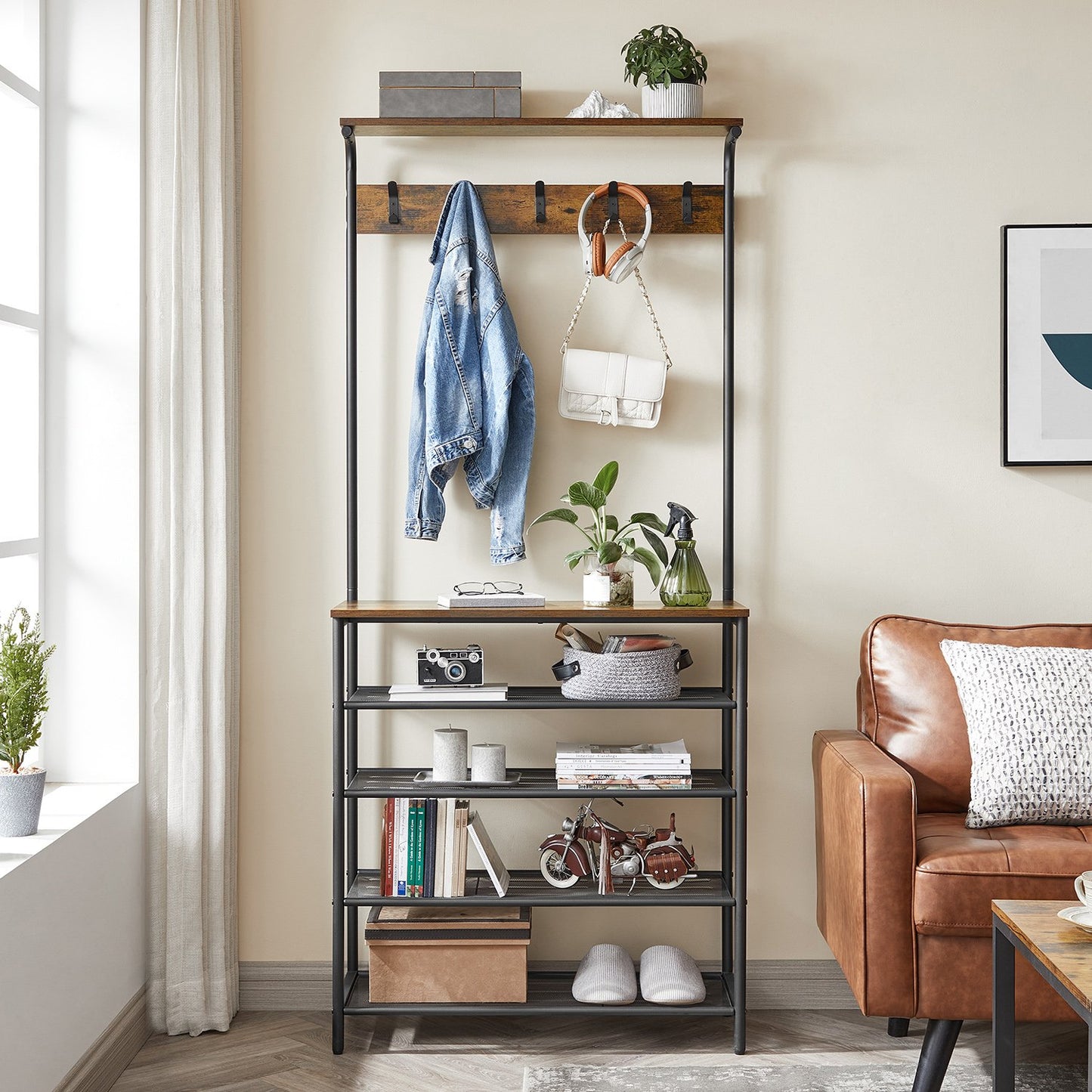 Industrial Rustic Clothes Rack with Shoe Storage and Hooks - image 3