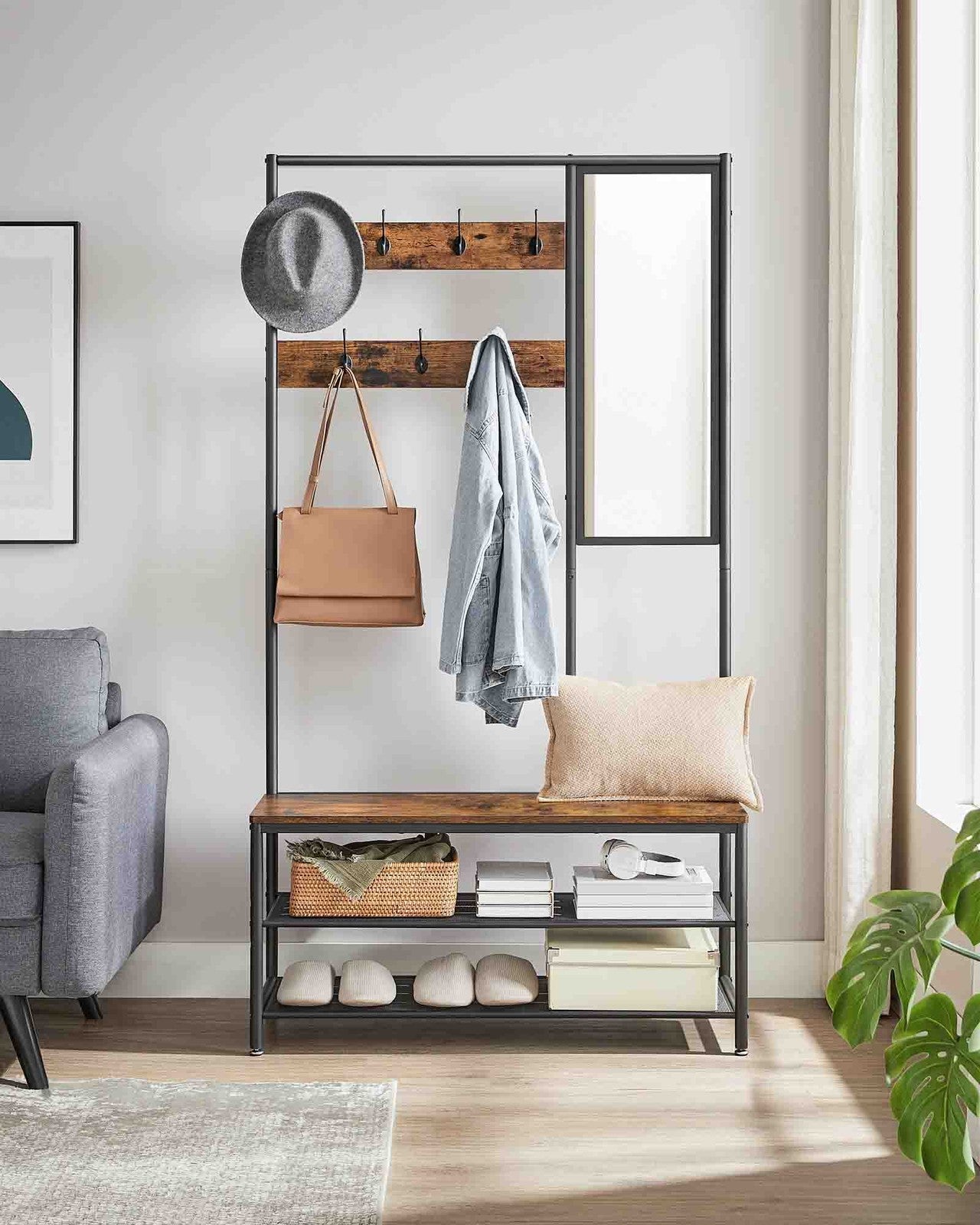 Coat Rack with Shoe Storage, Coat Stand for Hallway with Mirror - image 2